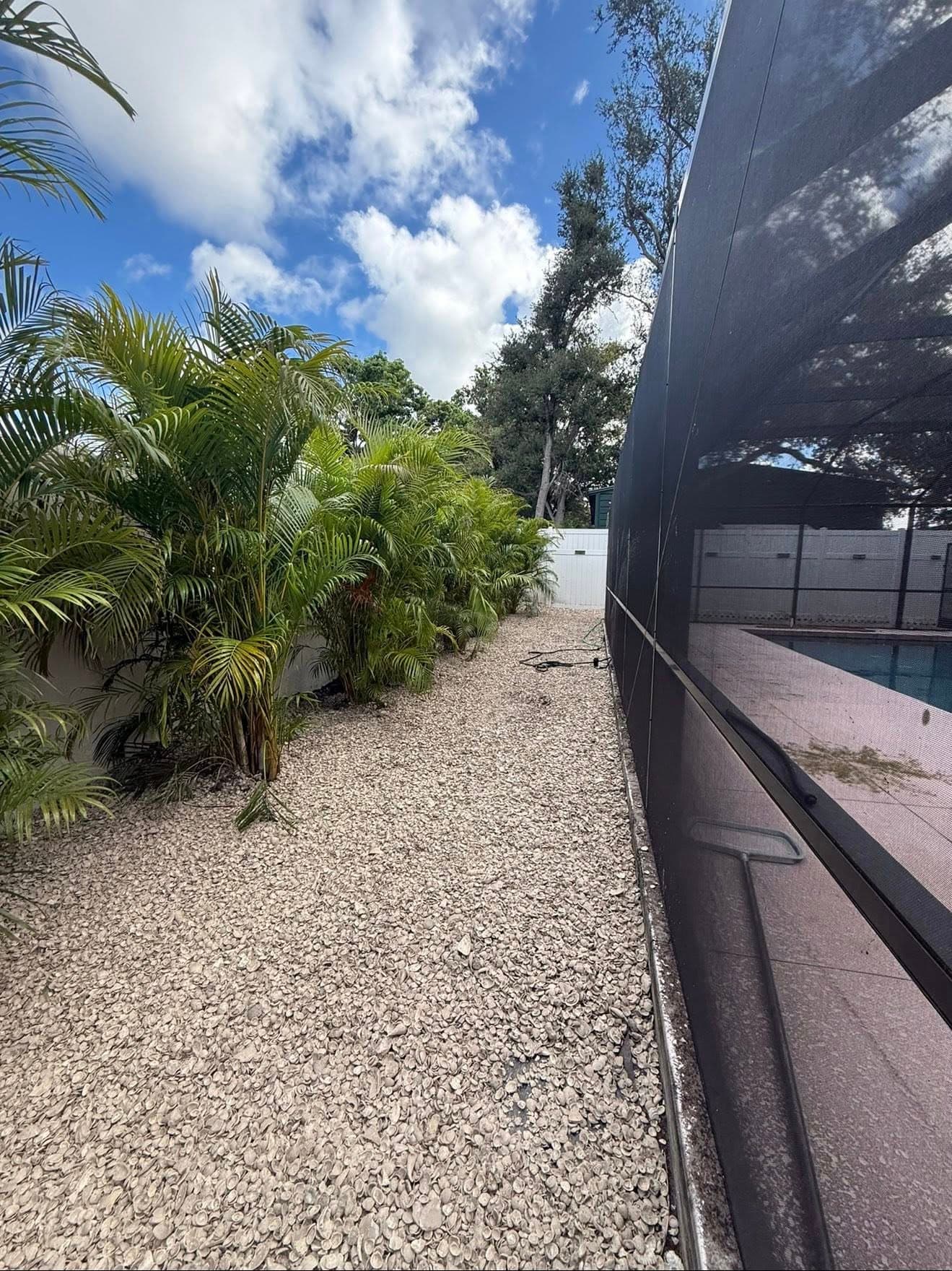 Lush greenery and a paved pathway beside a screened pool area with blue skies.